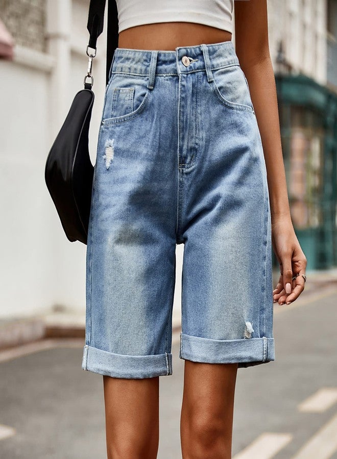 Sumleno Women's Jorts Y2k Baggy Jean Shorts Casual High Waist Straight Leg Long Denim Shorts Y2k Aesthetic Streetwear (Medium Wash,S) - Image 3